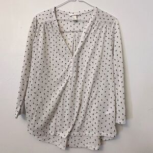 H&M Womens Blouse Top Leaf Pattern Long Sleve V Neck Pullover White Black Large